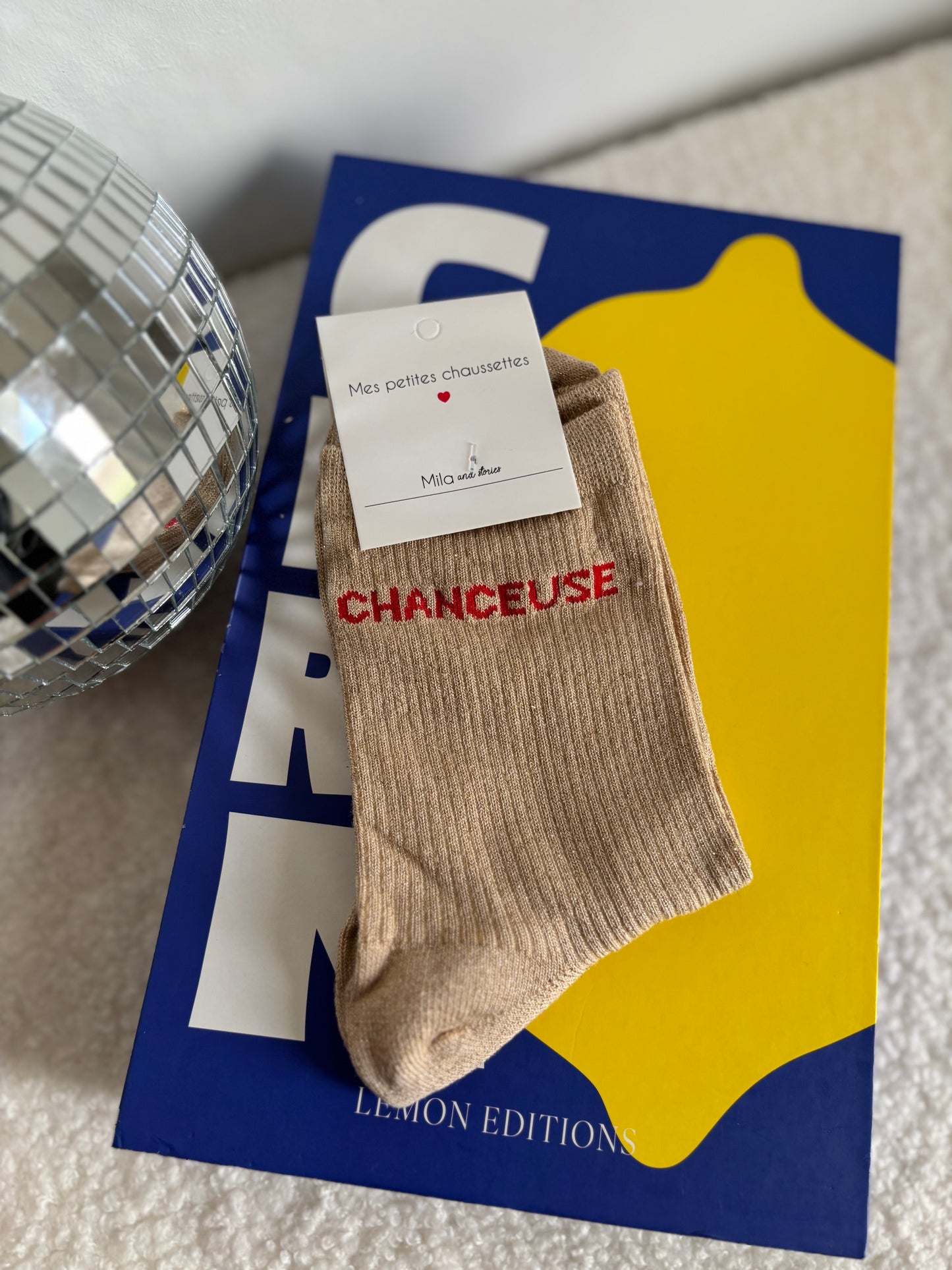 Chaussette à paillettes chanceuse beige