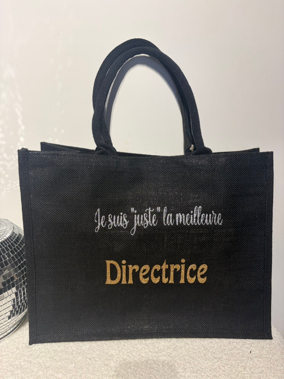 Grand sac en jute je suis « juste » la meilleure directrice noir