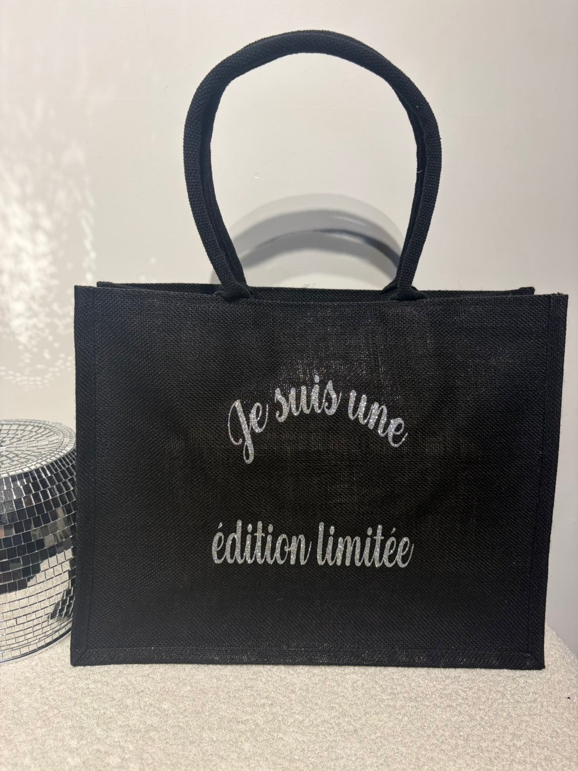 Grand sac en jute Je suis une édition limitée noir et argenté