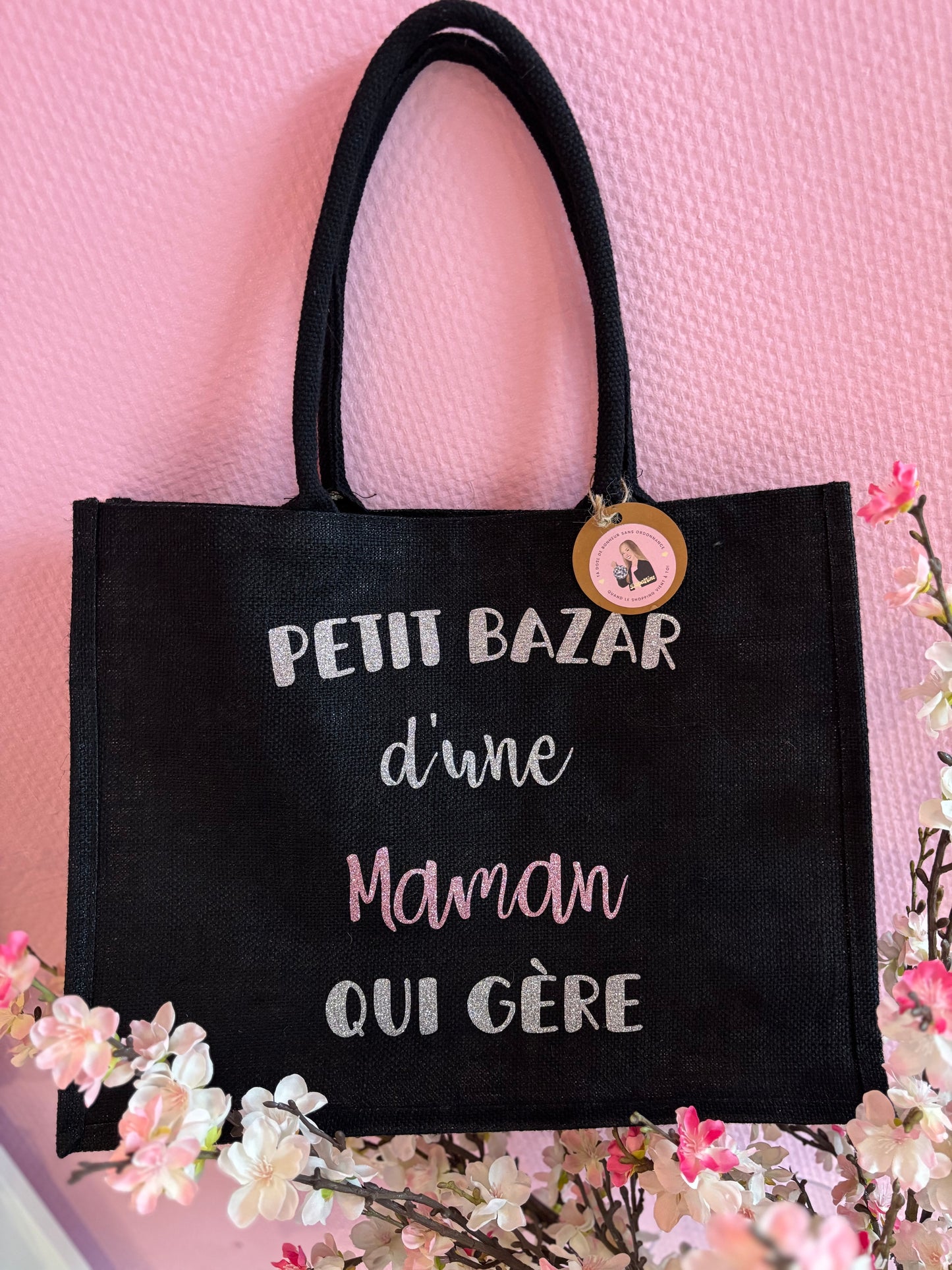 Grand sac en jute noir Maman qui gĂšre !