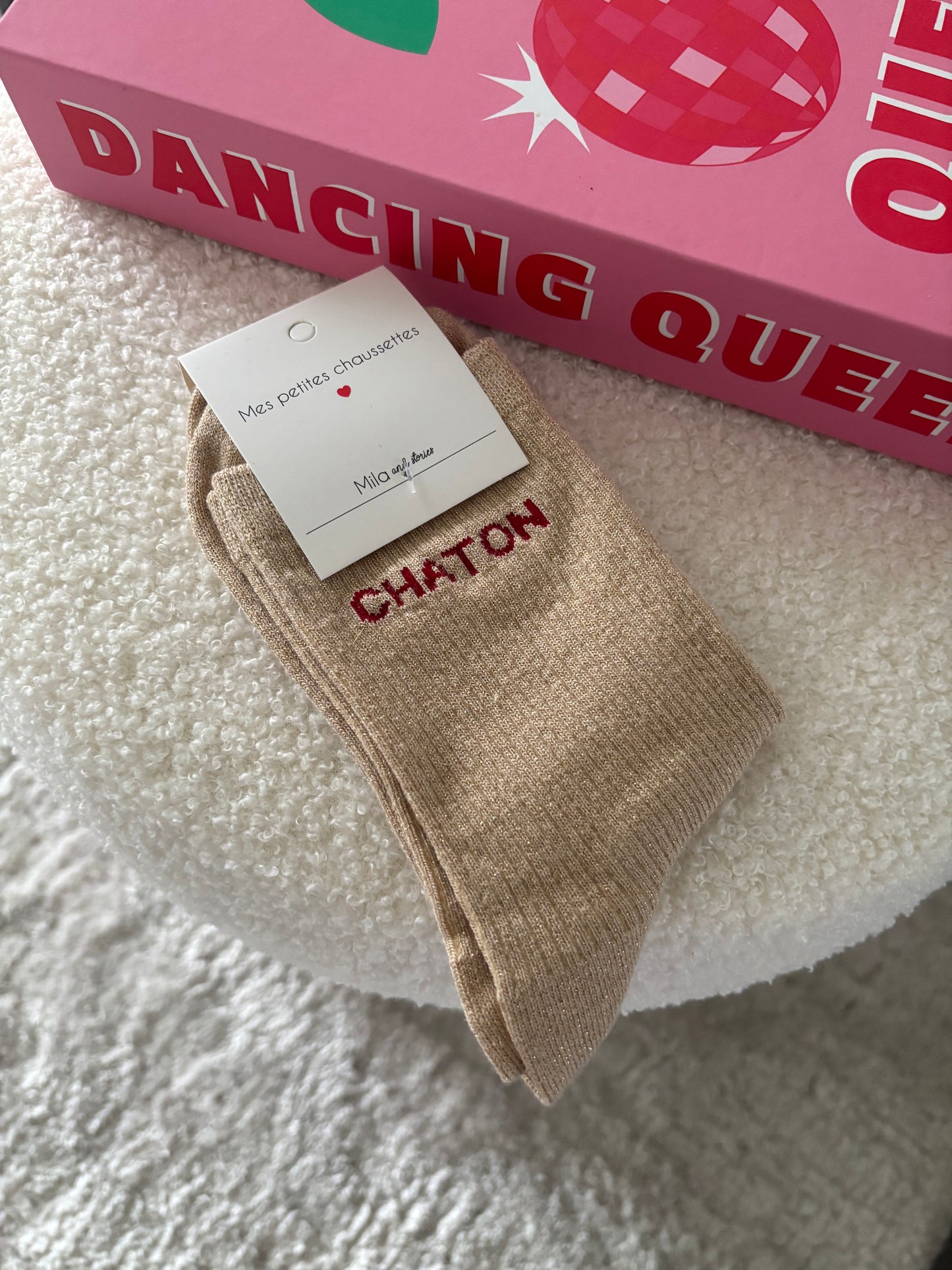 Chaussette à paillettes chaton beige