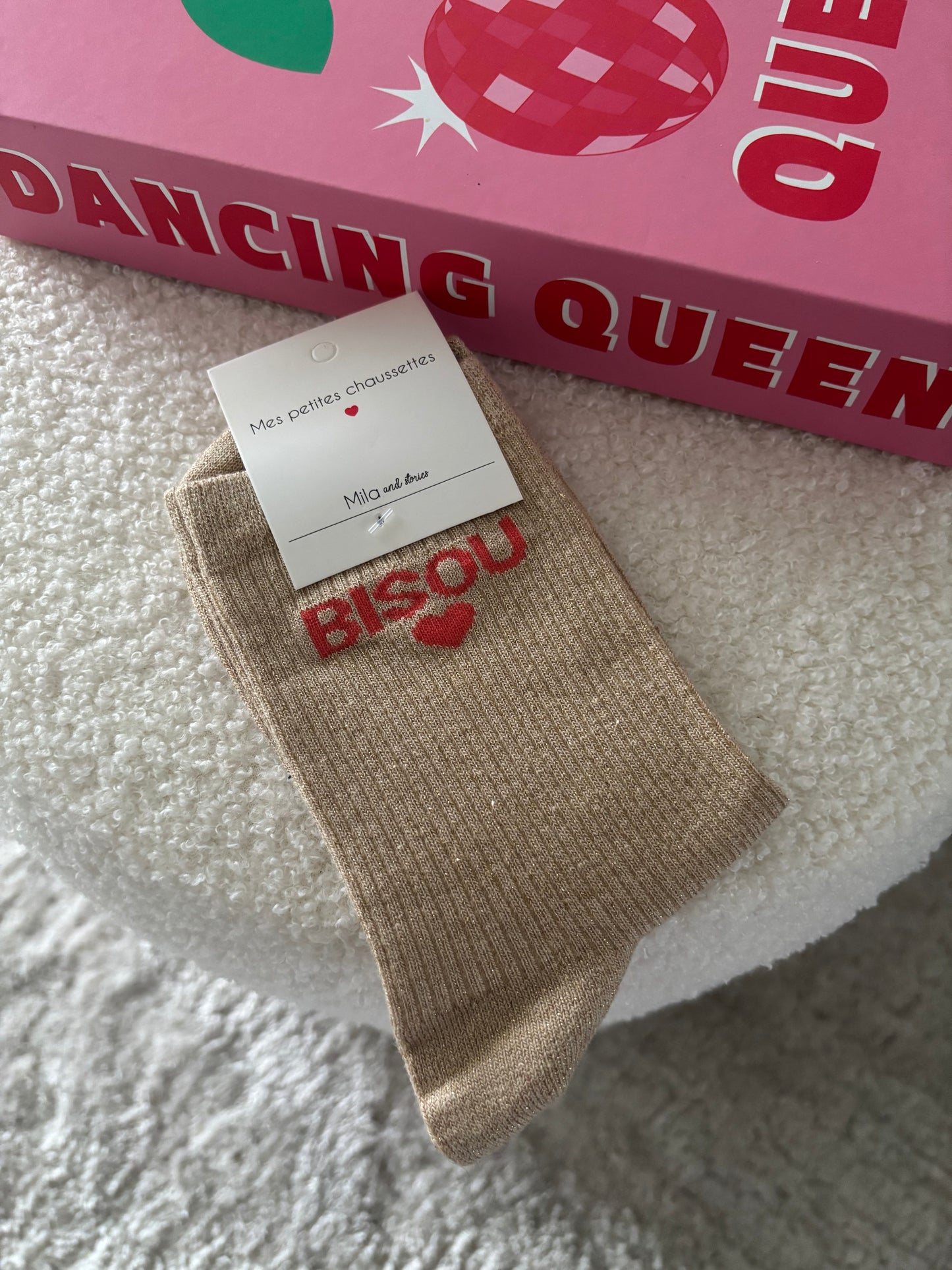 Chaussette Ă paillettes bisou beige