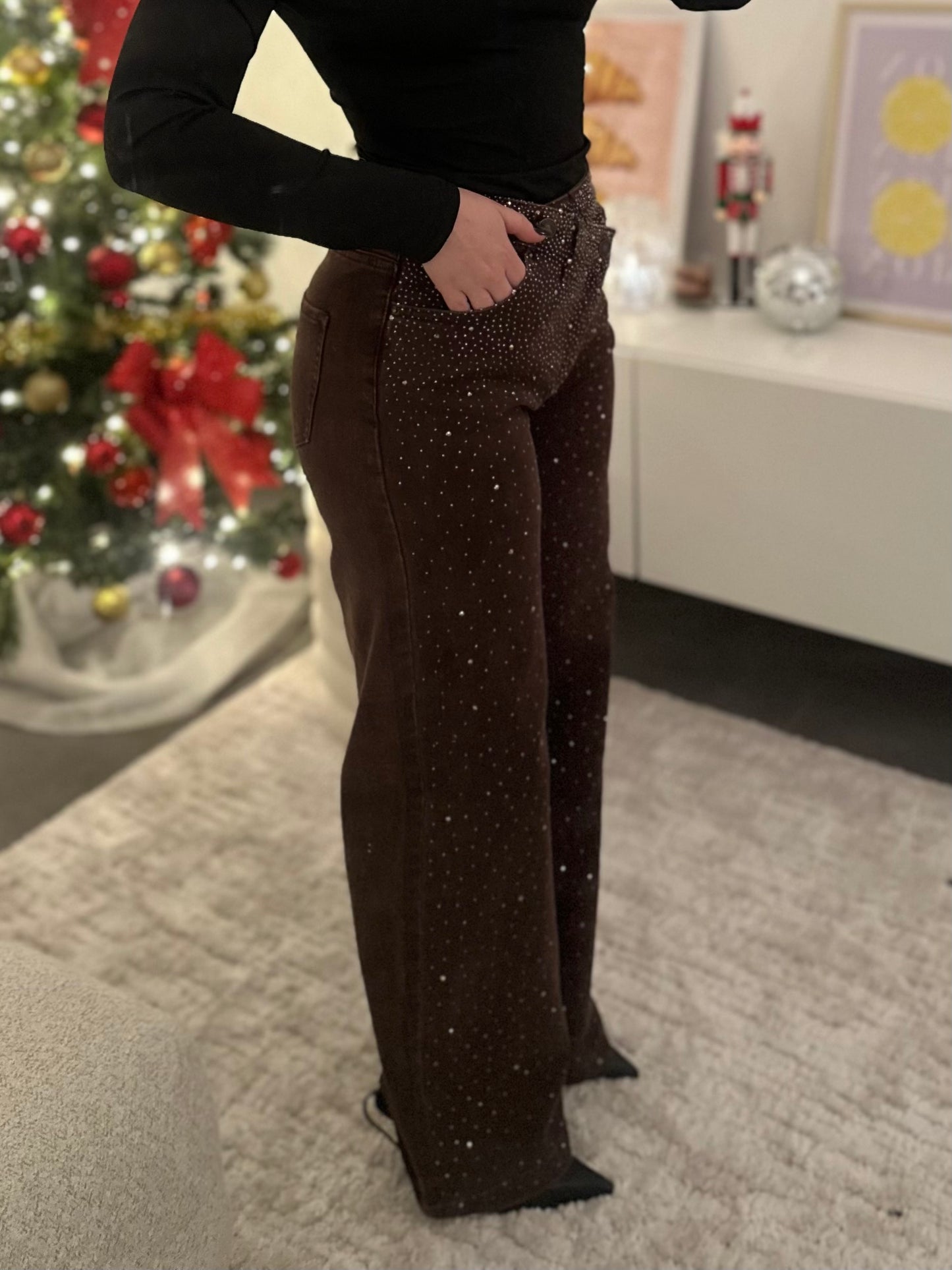 Jean asymétrique choco strass