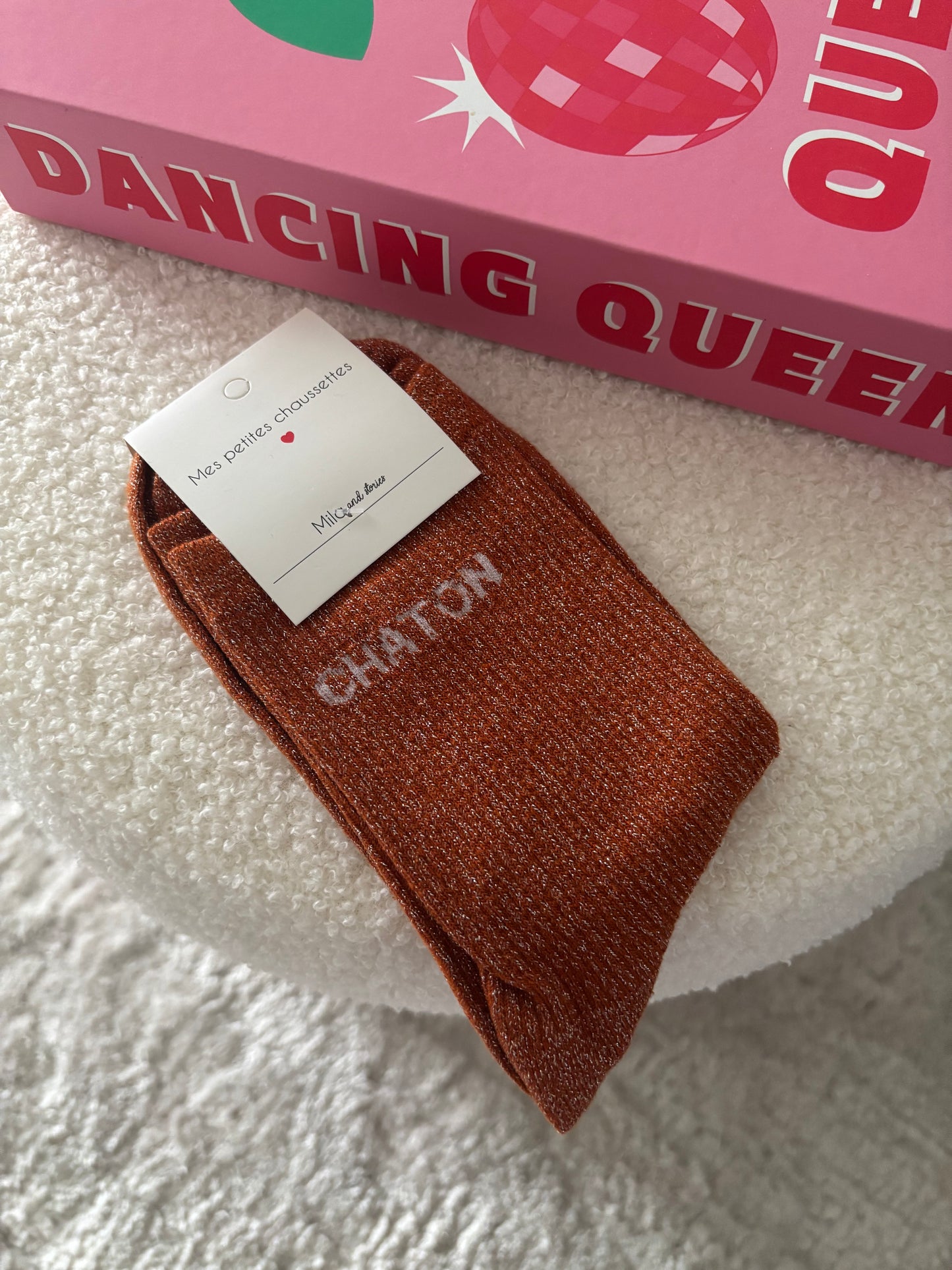 Chaussette à paillettes chaton camel