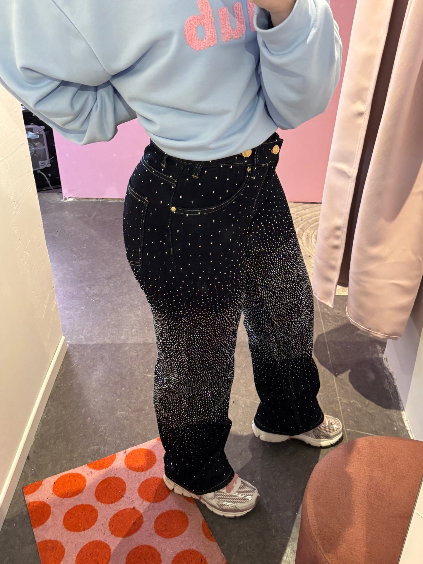 Jean asymétrique strass bleu marine