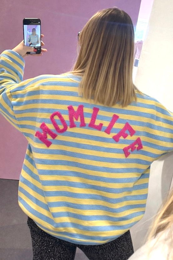 Sweat MOM LIFE ligné jaune et bleu