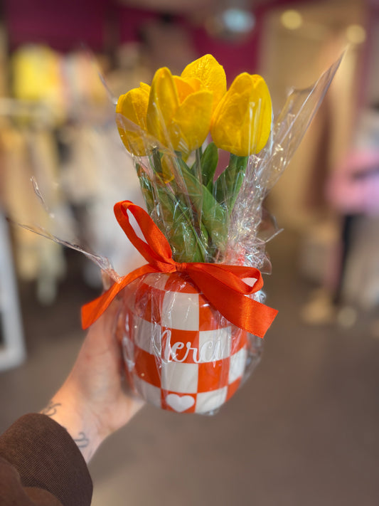 Vase à carreaux orange et blanc merci