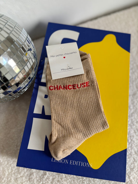 Chaussette à paillettes chanceuse beige