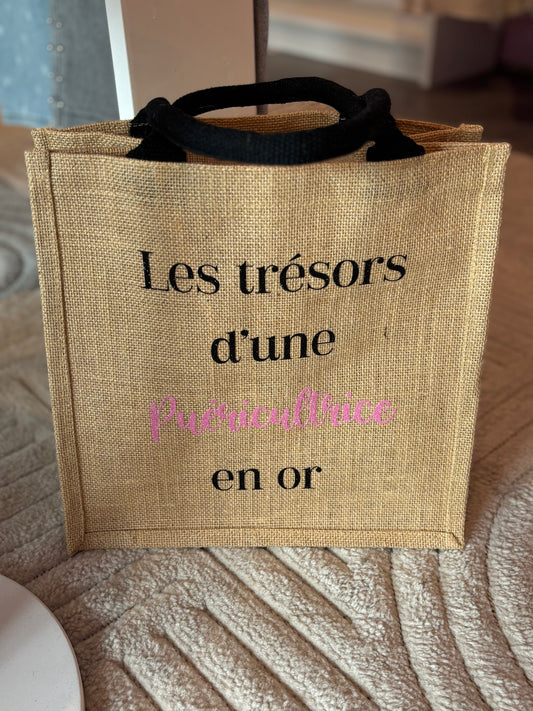 Sac en jute les trésors d’une puéricultrice en or beige