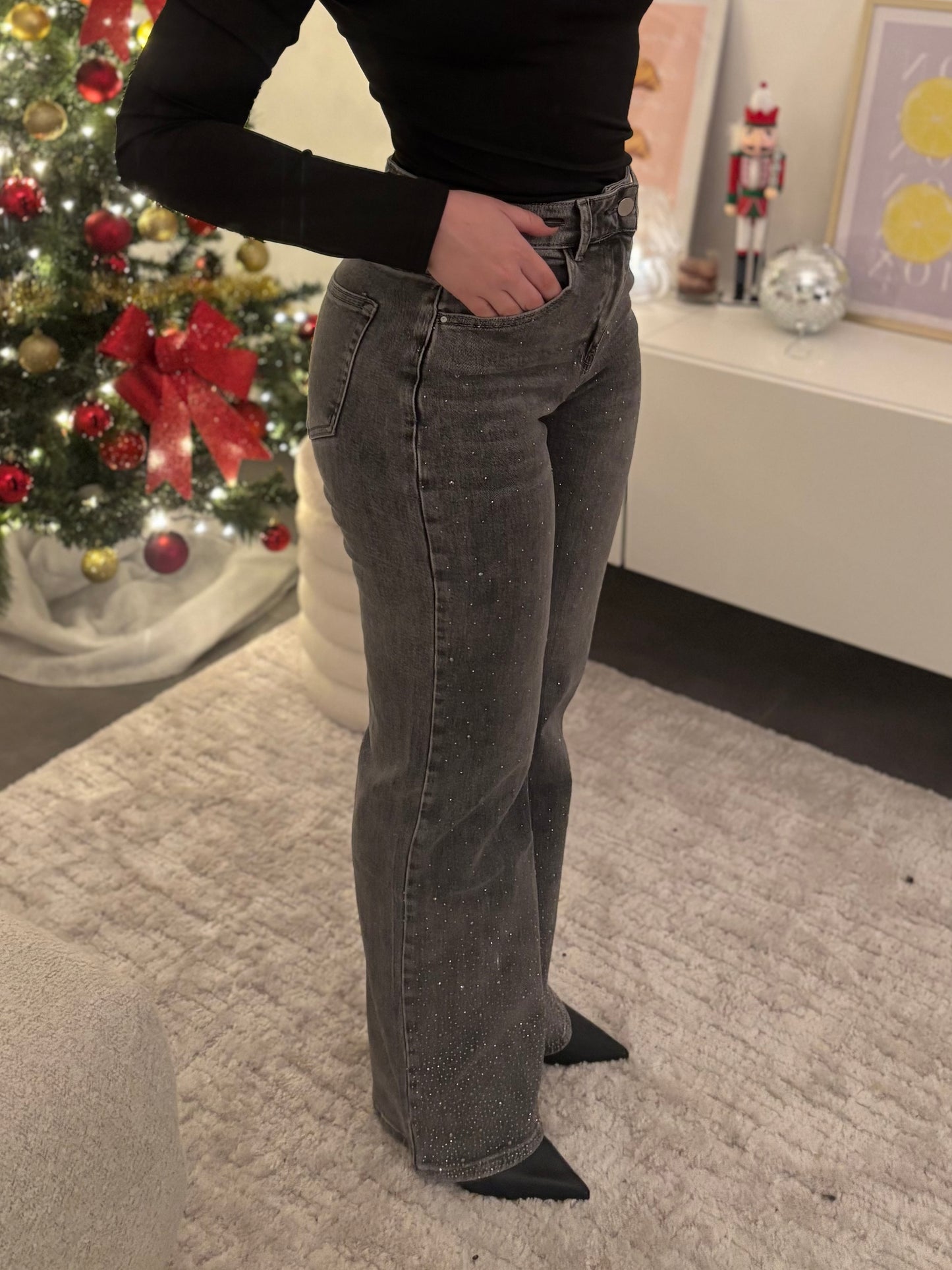 Jean gris strass délavé