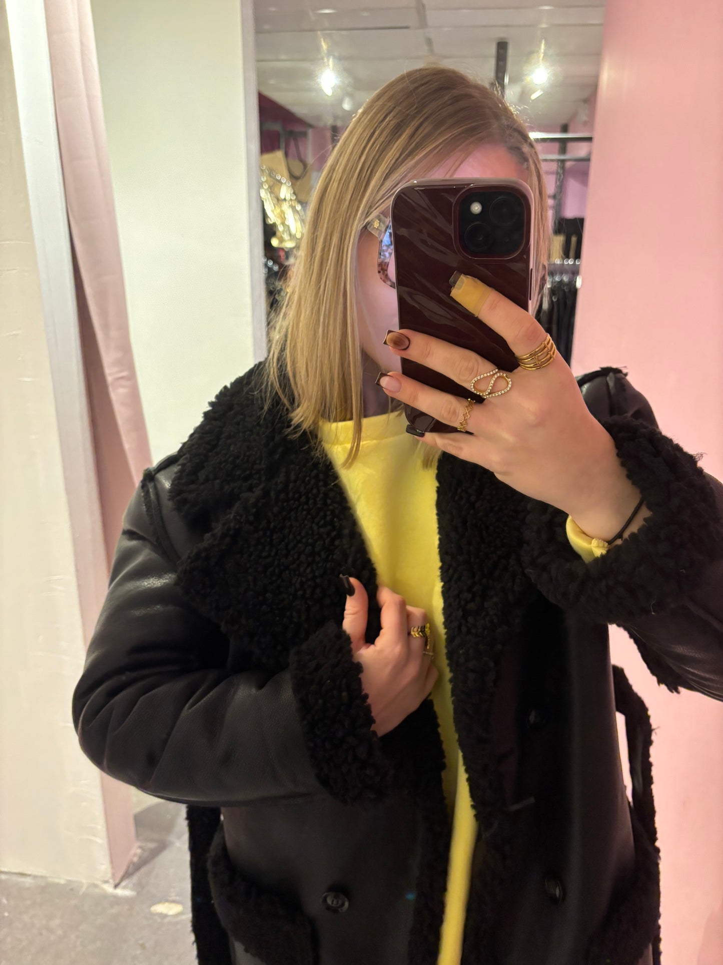 Manteau trench simili noir fourré Teddy