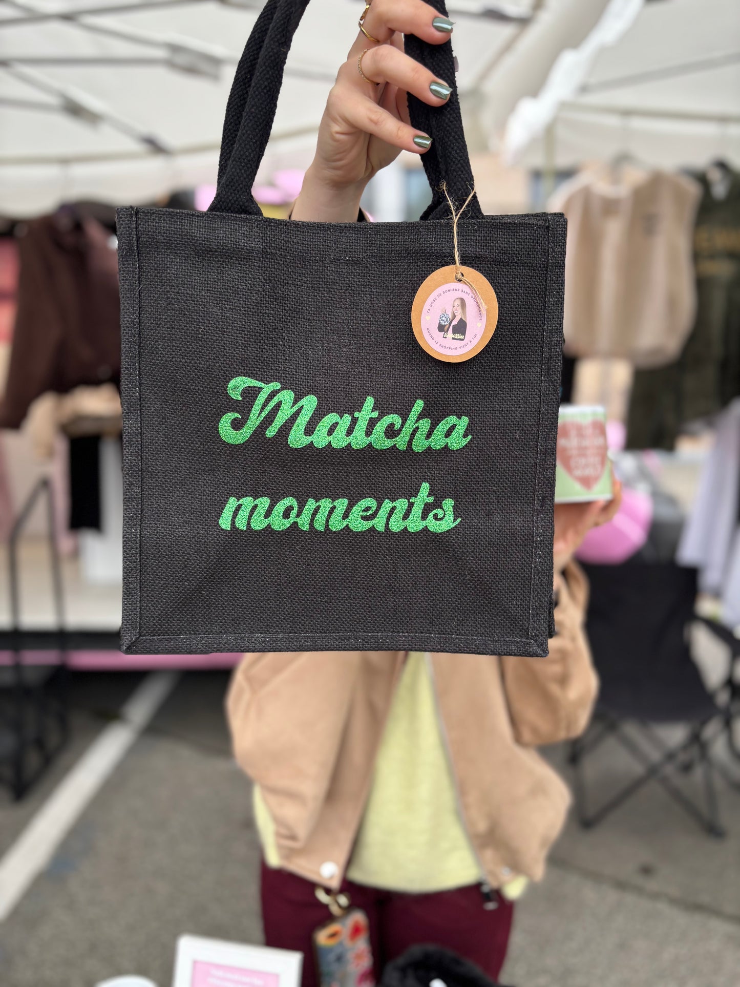Sac en jute Matcha Moments taille moyenne noir