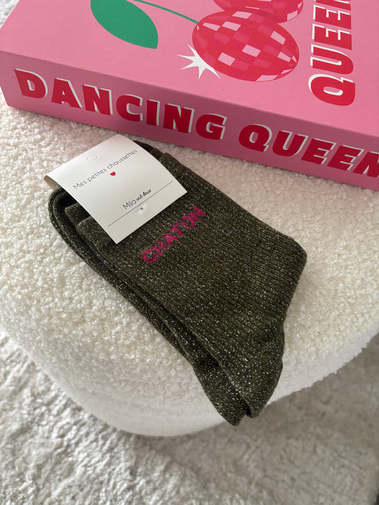 Chaussette à paillettes chaton Kaki