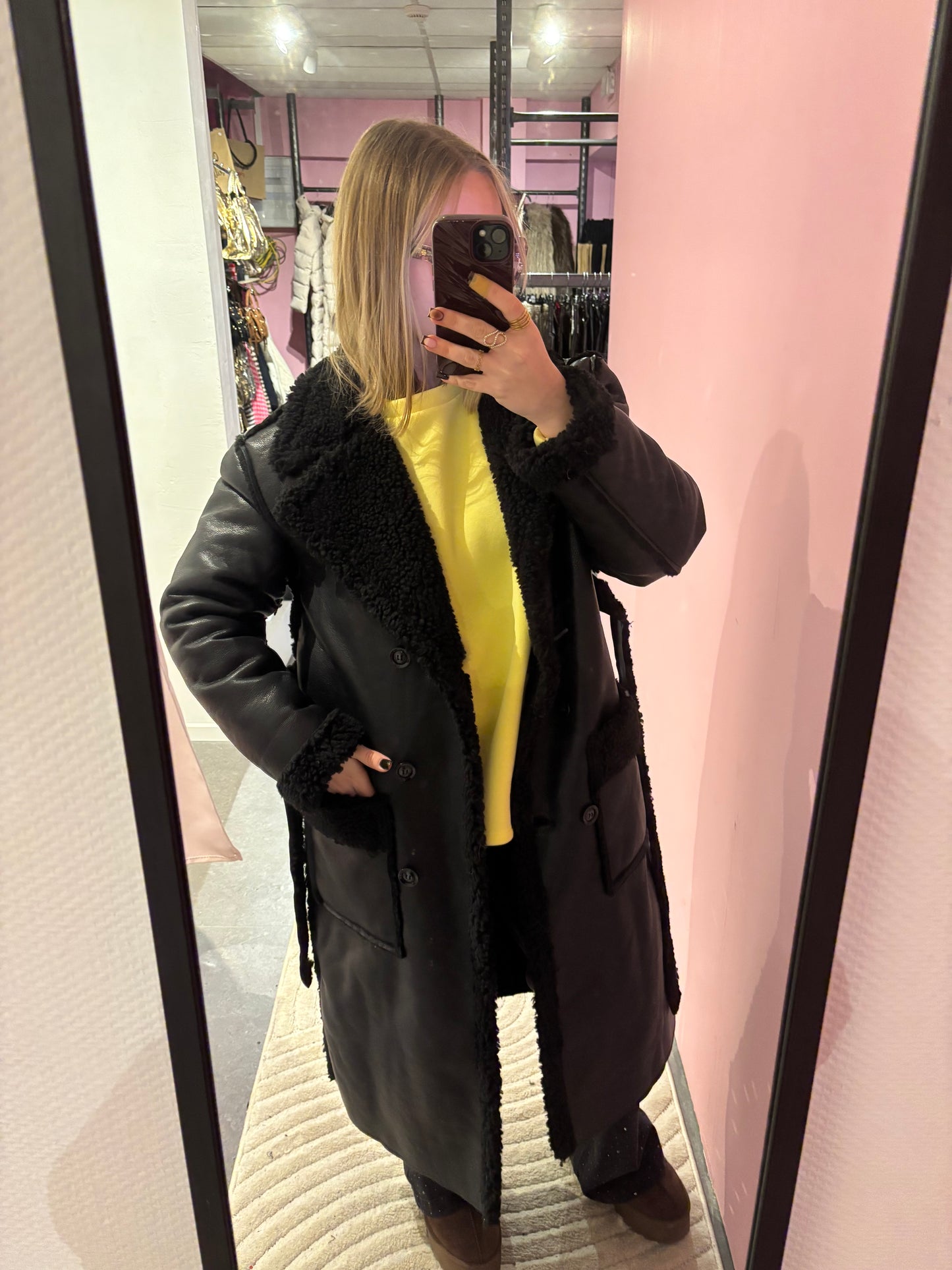 Manteau trench simili noir fourré Teddy