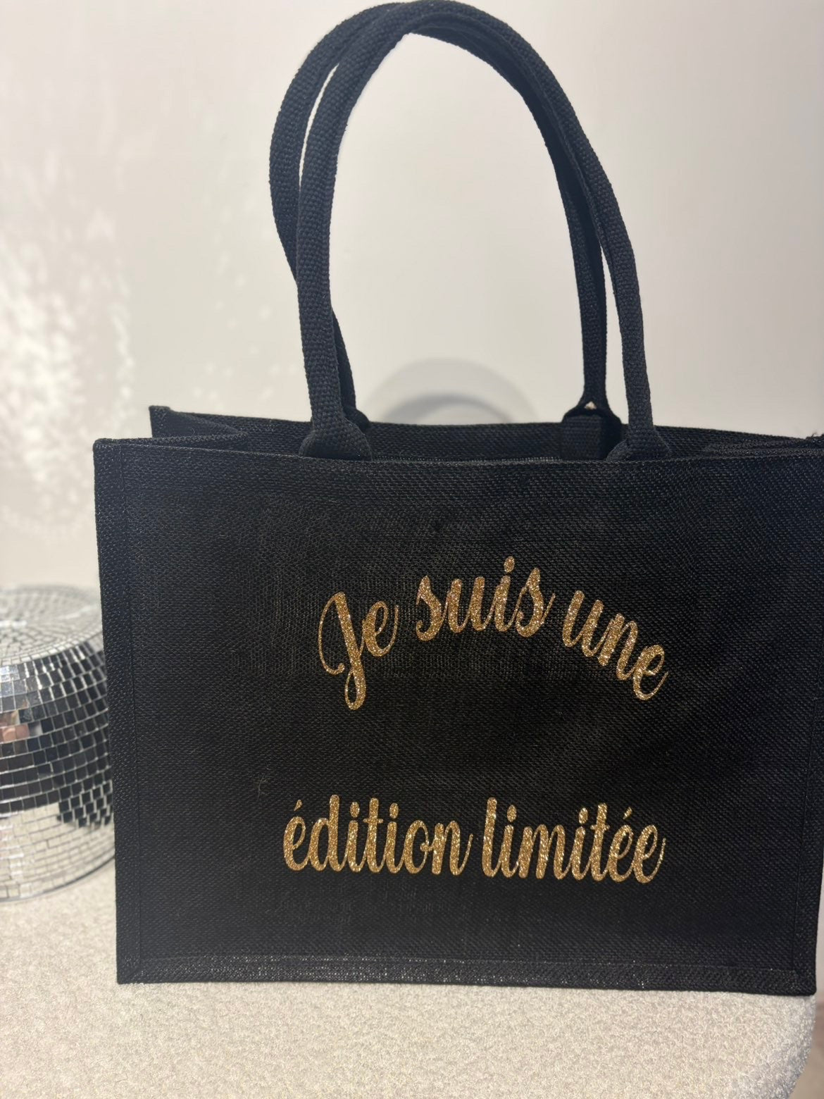 Grand sac en jute Je suis une édition limitée noir et doré