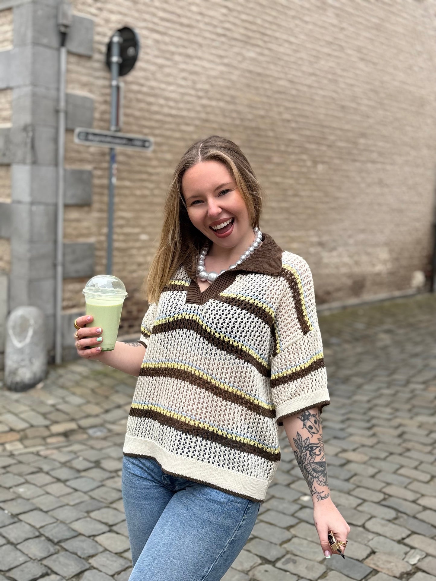 T-shirt Milou brun et jaune en maille