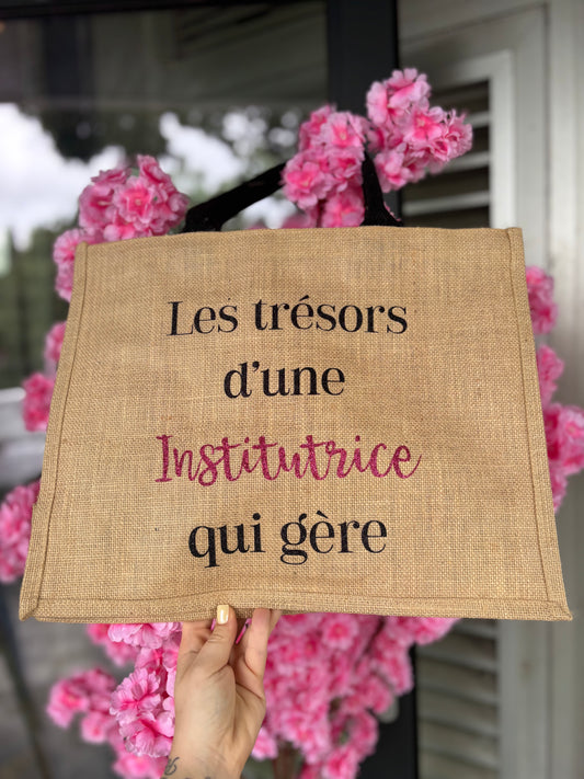 Grand sac en jute les trésor d’une institutrice beige