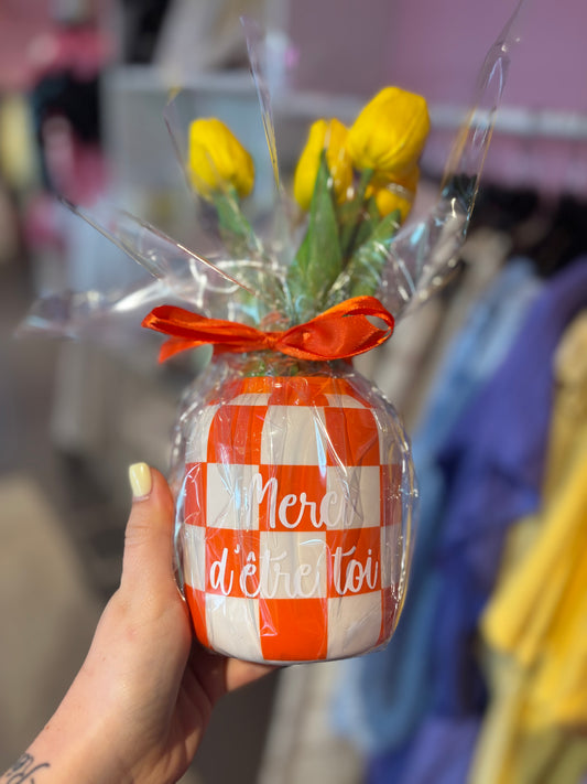 Vase à carreaux orange et blanc Merci d’être toi