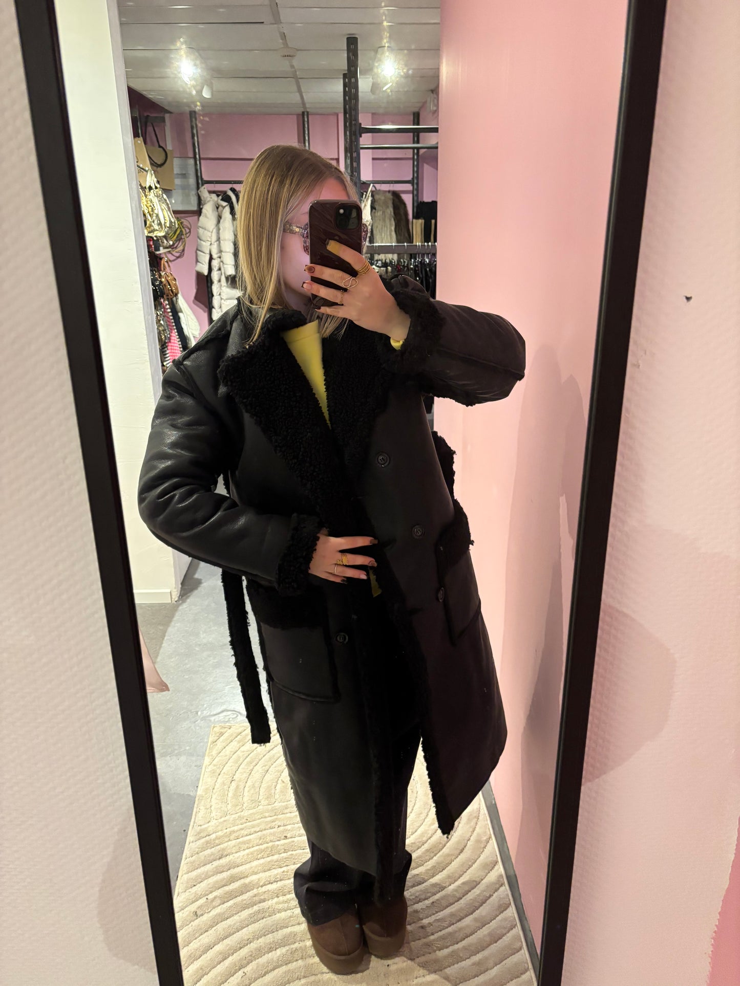 Manteau trench simili noir fourré Teddy