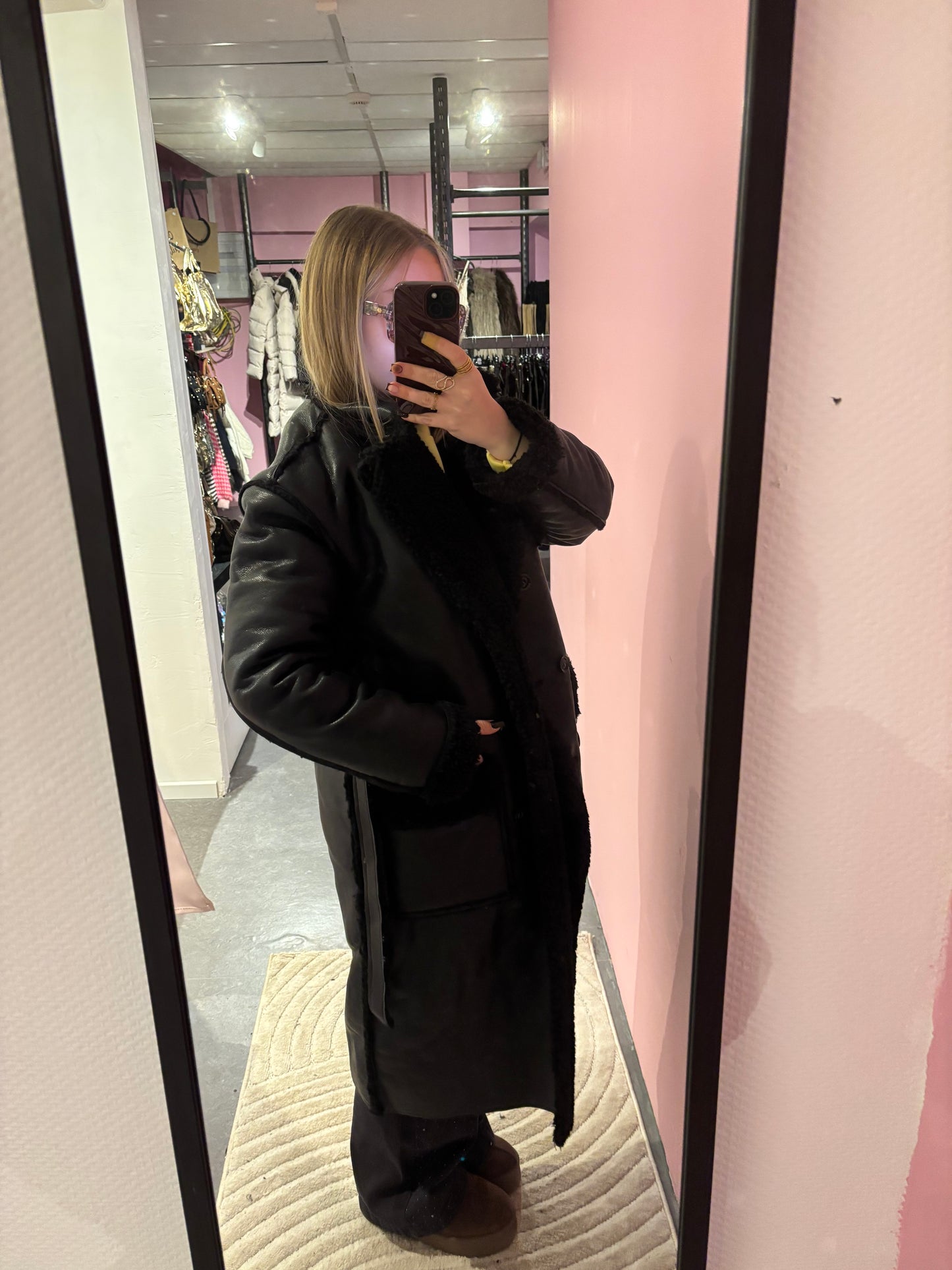 Manteau trench simili noir fourré Teddy
