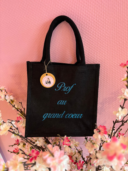 Sac en jute prof au grand cœur  taille moyenne noir