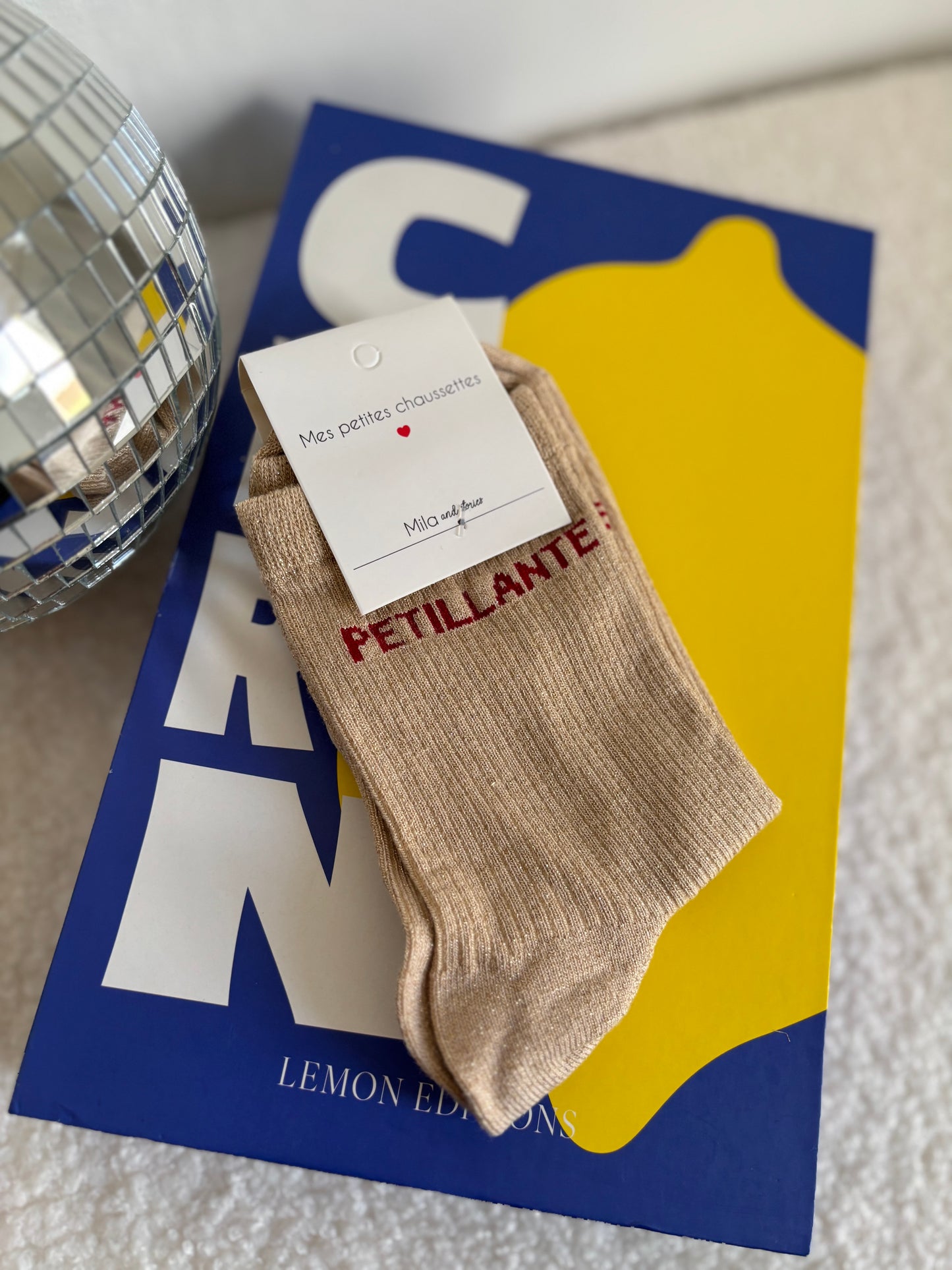 Chaussette à paillettes pétillante beige
