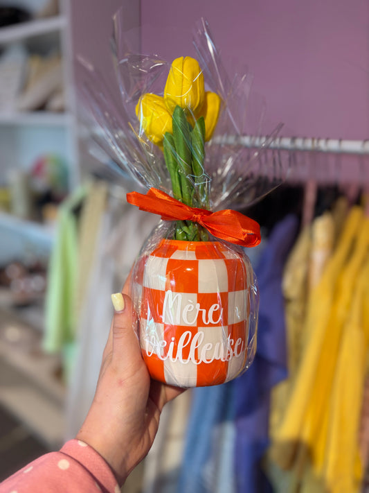 Vase à carreaux orange et blanc Mère veilleuse