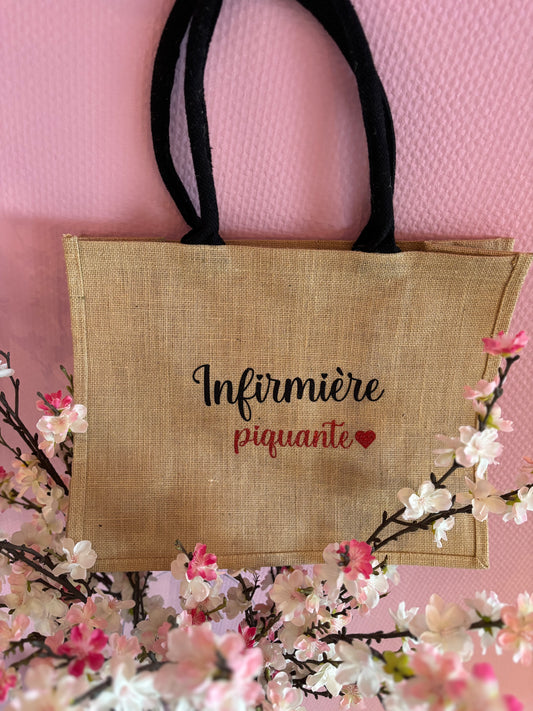 Grand sac en jute beige infirmière piquante