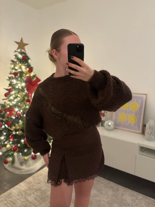 Jupe short dentelle strass choco