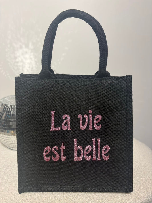 Sac en jute La vie est belle noir