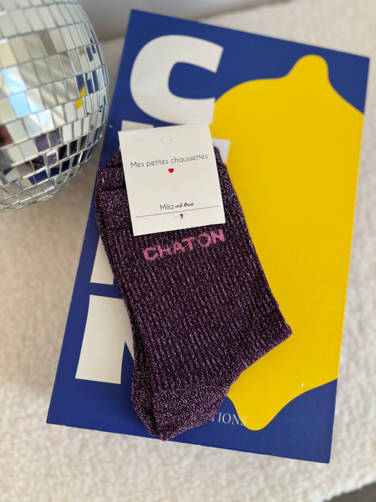 Chaussette à paillettes chaton mauve