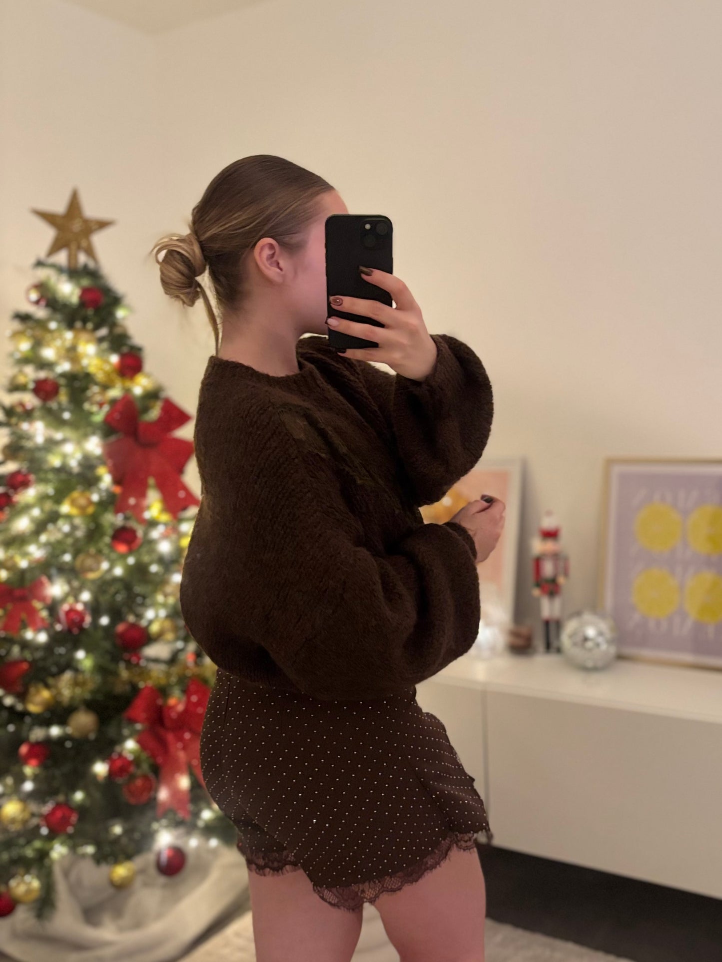 Jupe short dentelle strass choco