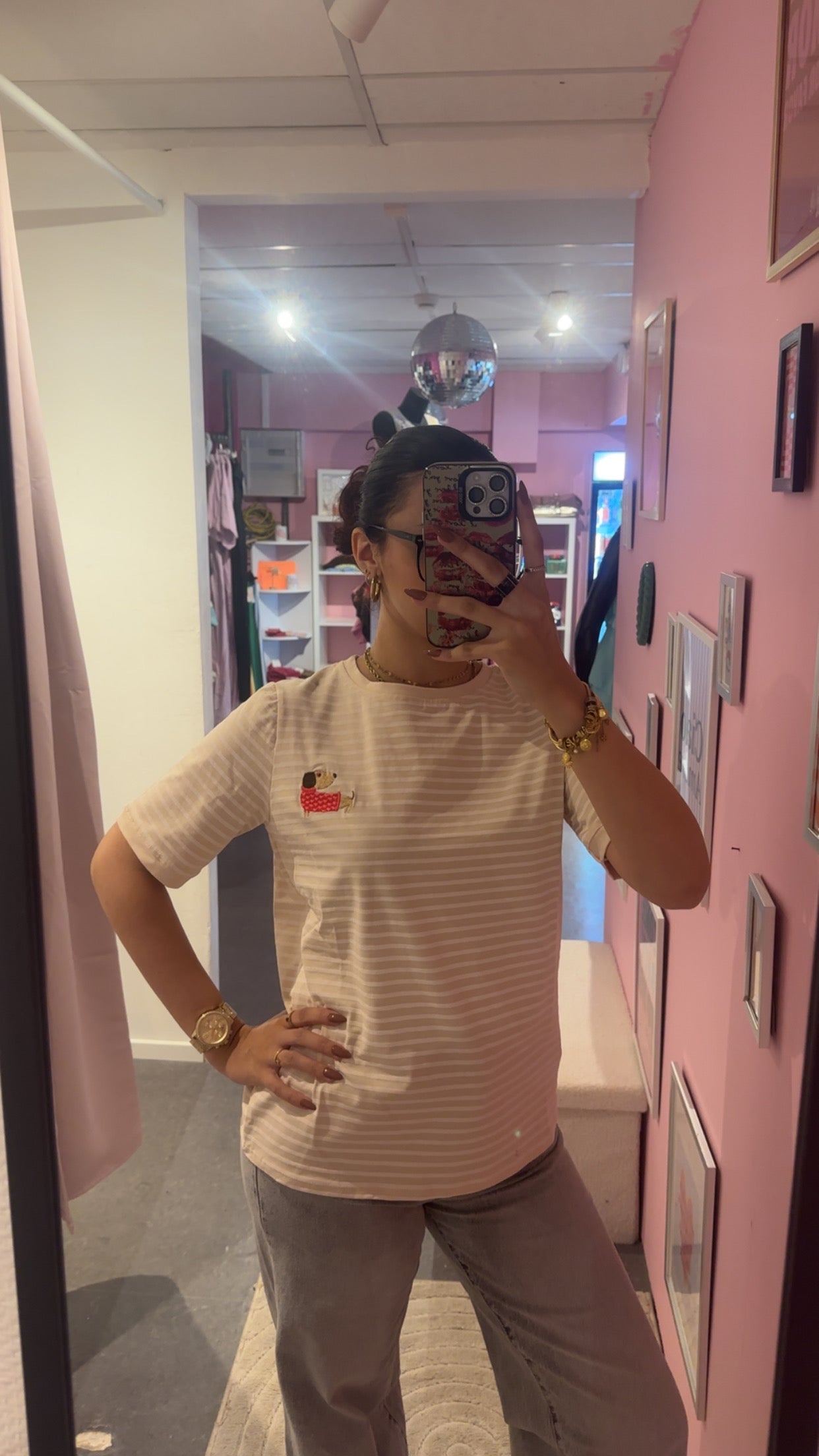 T-shirt beige lignée teckel