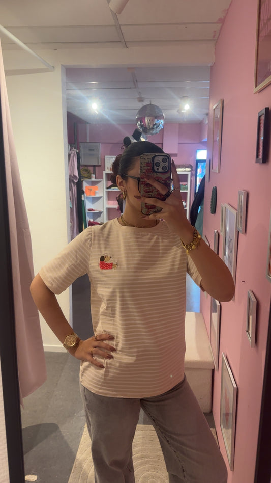 T-shirt beige lignée teckel