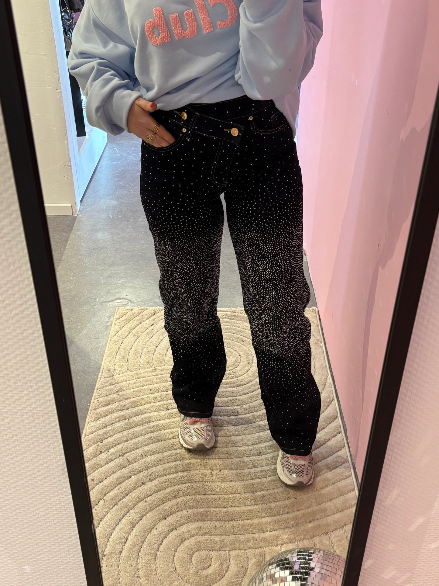 Jean asymétrique strass bleu marine