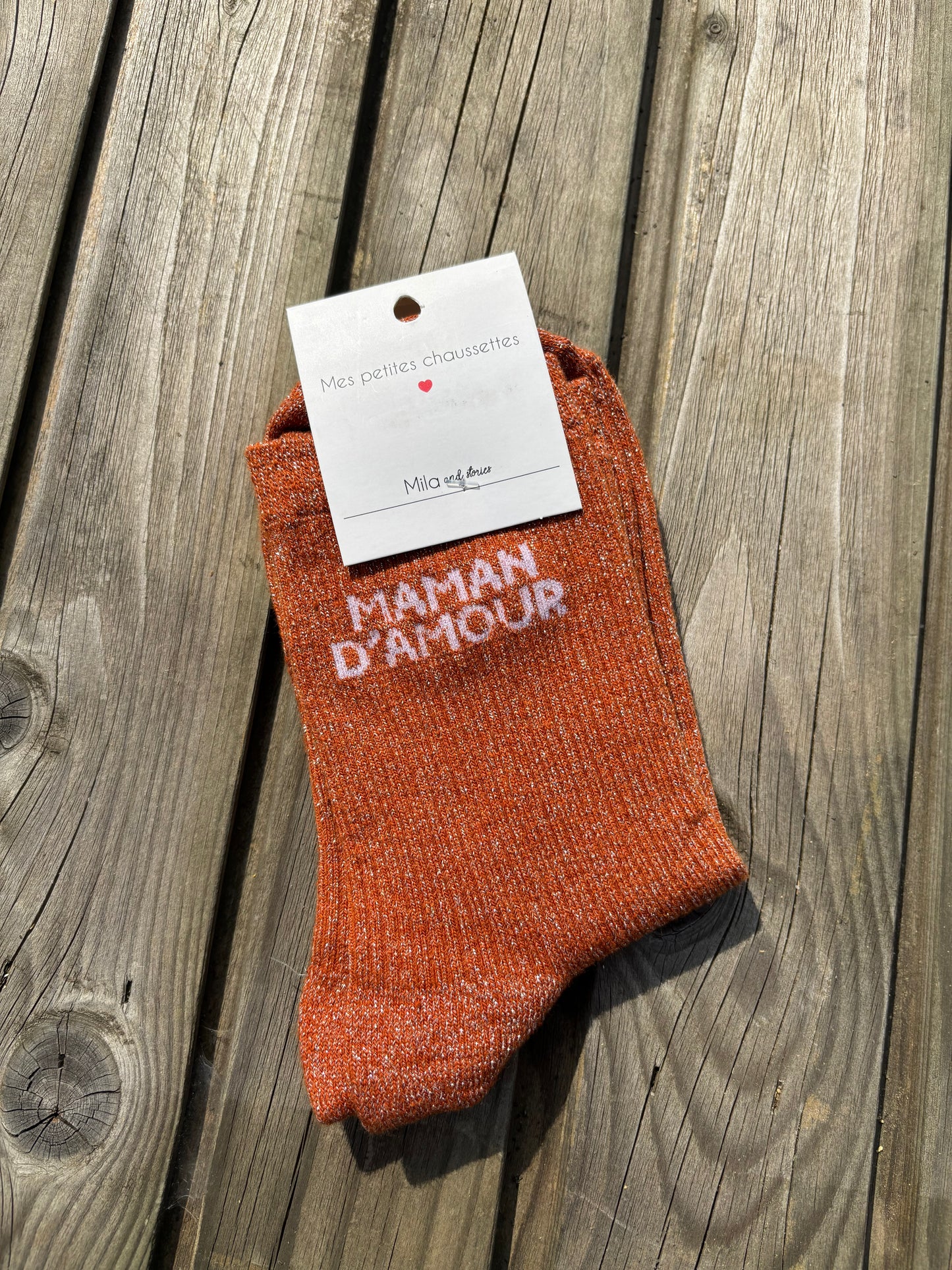 Chaussette à paillettes maman d’amour camel