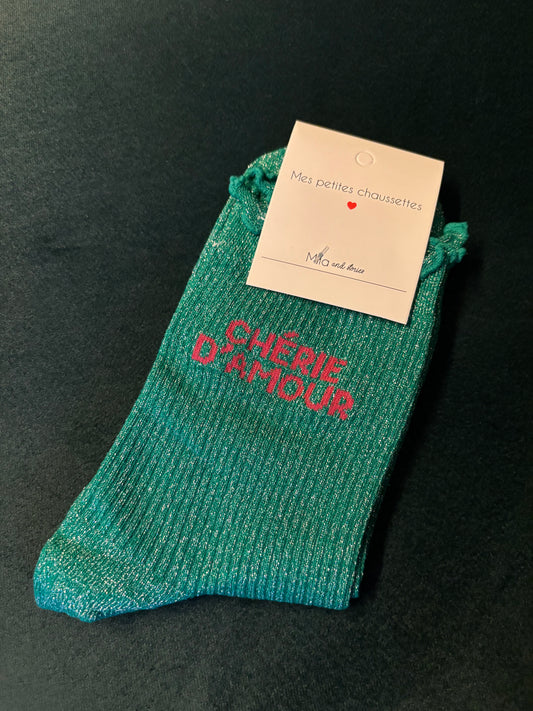 Chaussette à paillettes chérie d’amour verte
