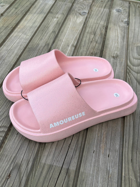 Claquette à paillettes amoureuse rose pâle