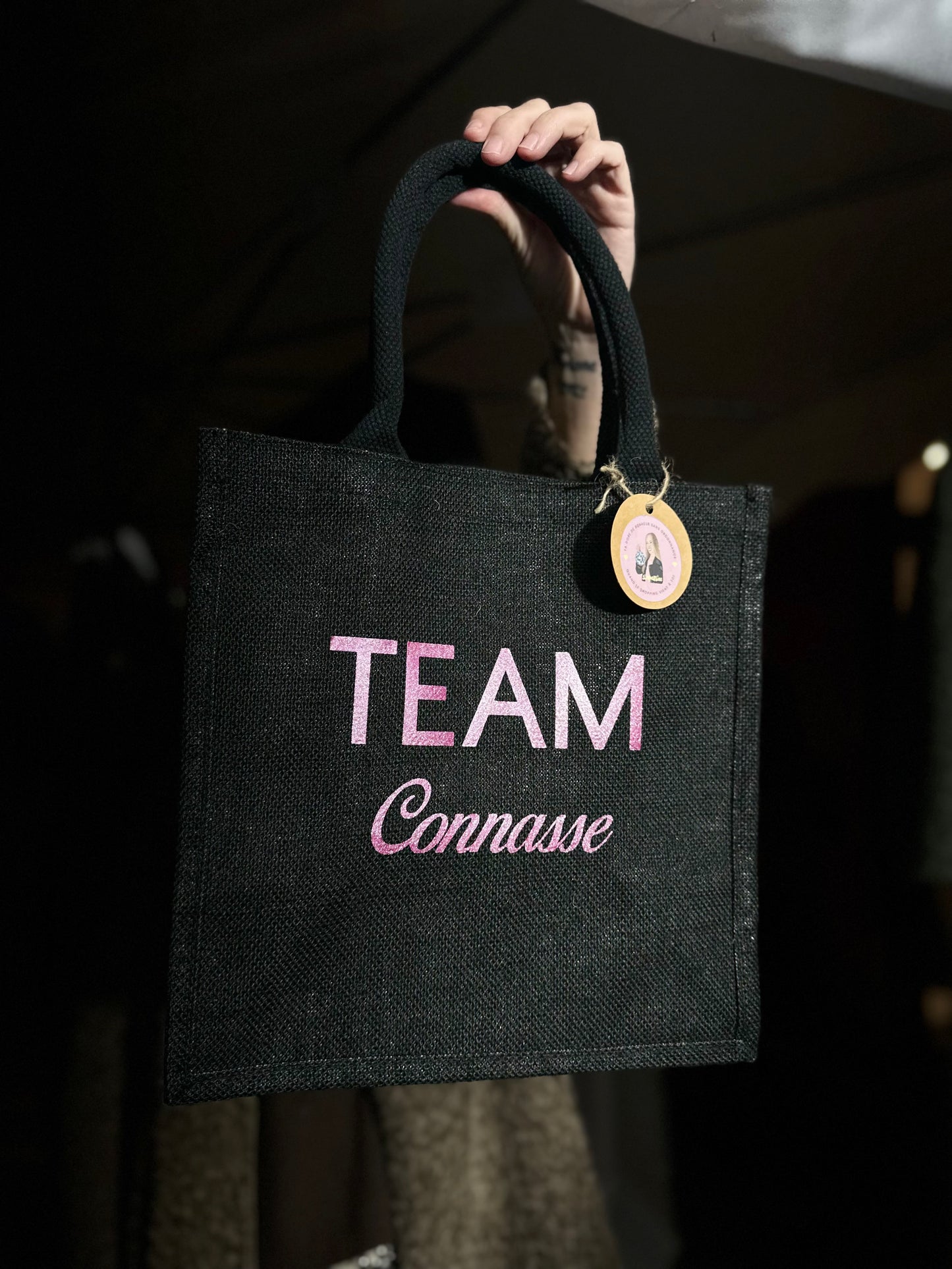 Sac en jute Team Connasse taille moyenne noir