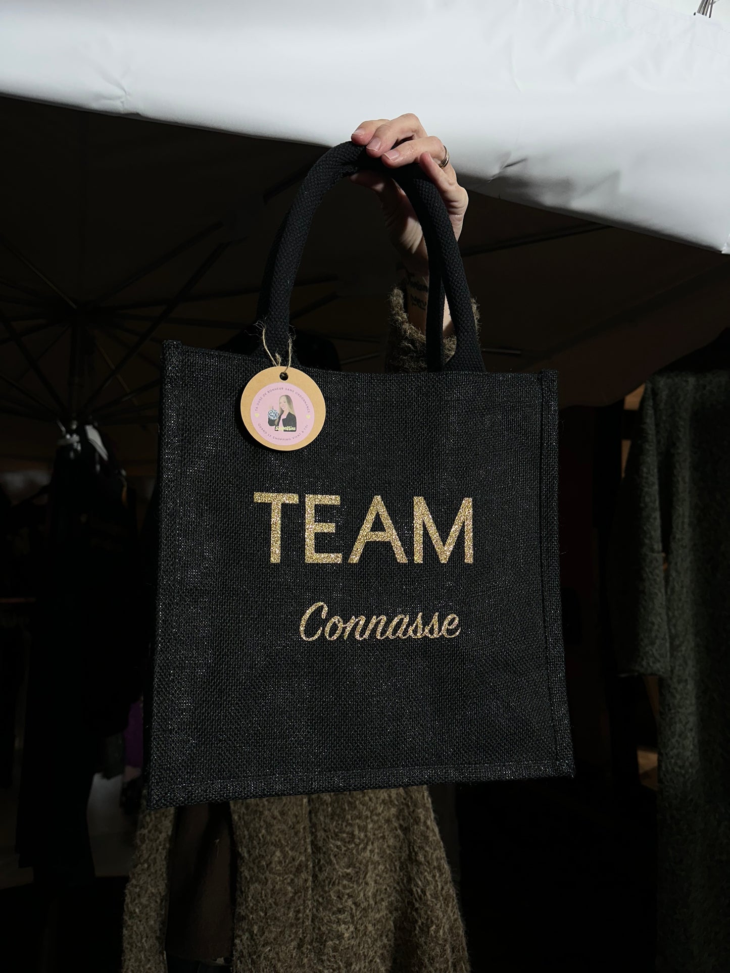 Sac en jute Team Connasse taille moyenne noir