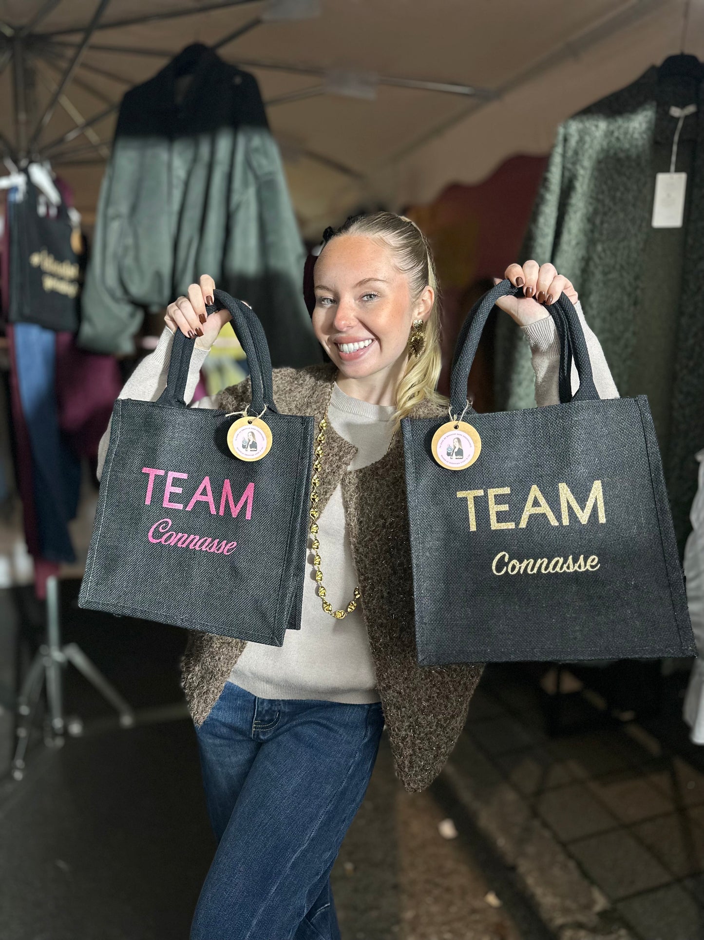 Sac en jute Team Connasse taille moyenne noir