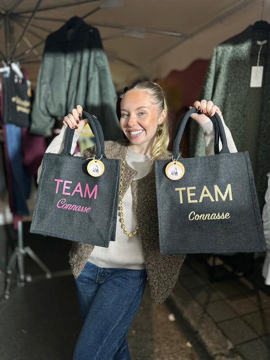 Sac en jute Team Connasse taille moyenne noir