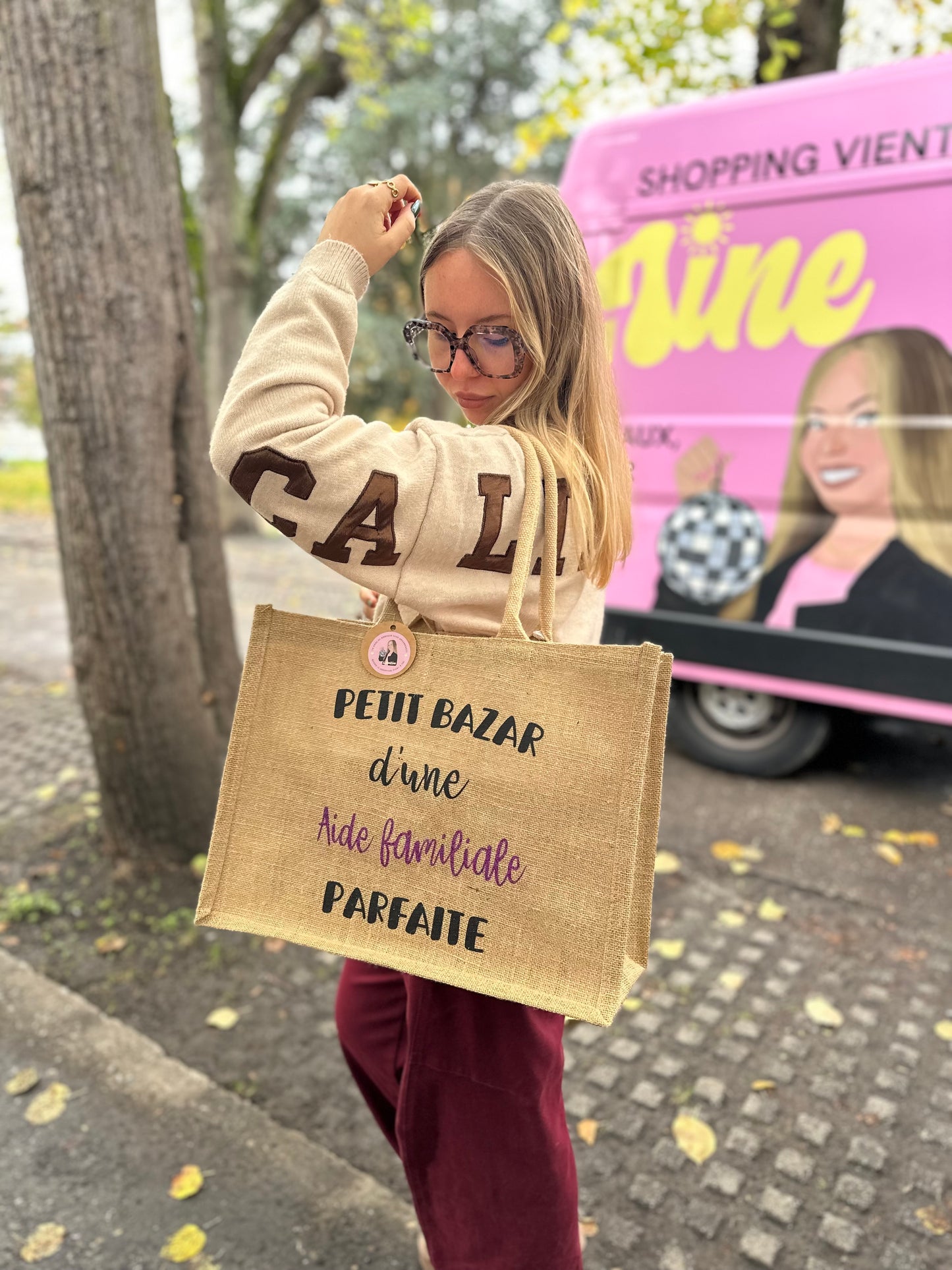 Grand sac en jute doré Petit bazar + métier